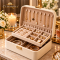 CUDORENA™ Noémie Two-Tier Jewelry Box – Velvet-Lined Jewelry Organizer with Removable Tray, Ring Slots & Necklace Storage