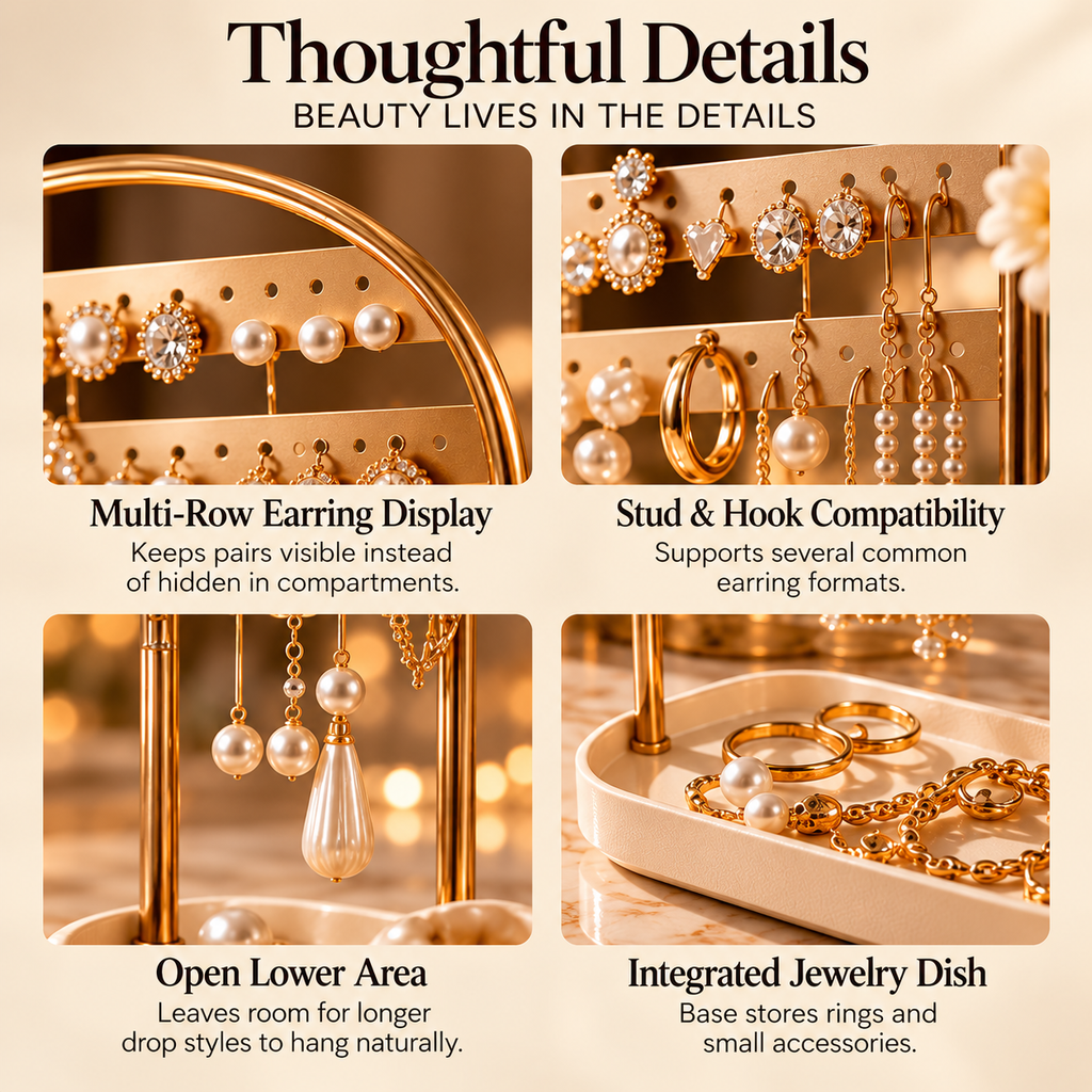 CUDORENA™ Odette Earring Gallery – Arched Earring Organizer with Jewelry Tray for Studs, Hoops & Drop Earrings