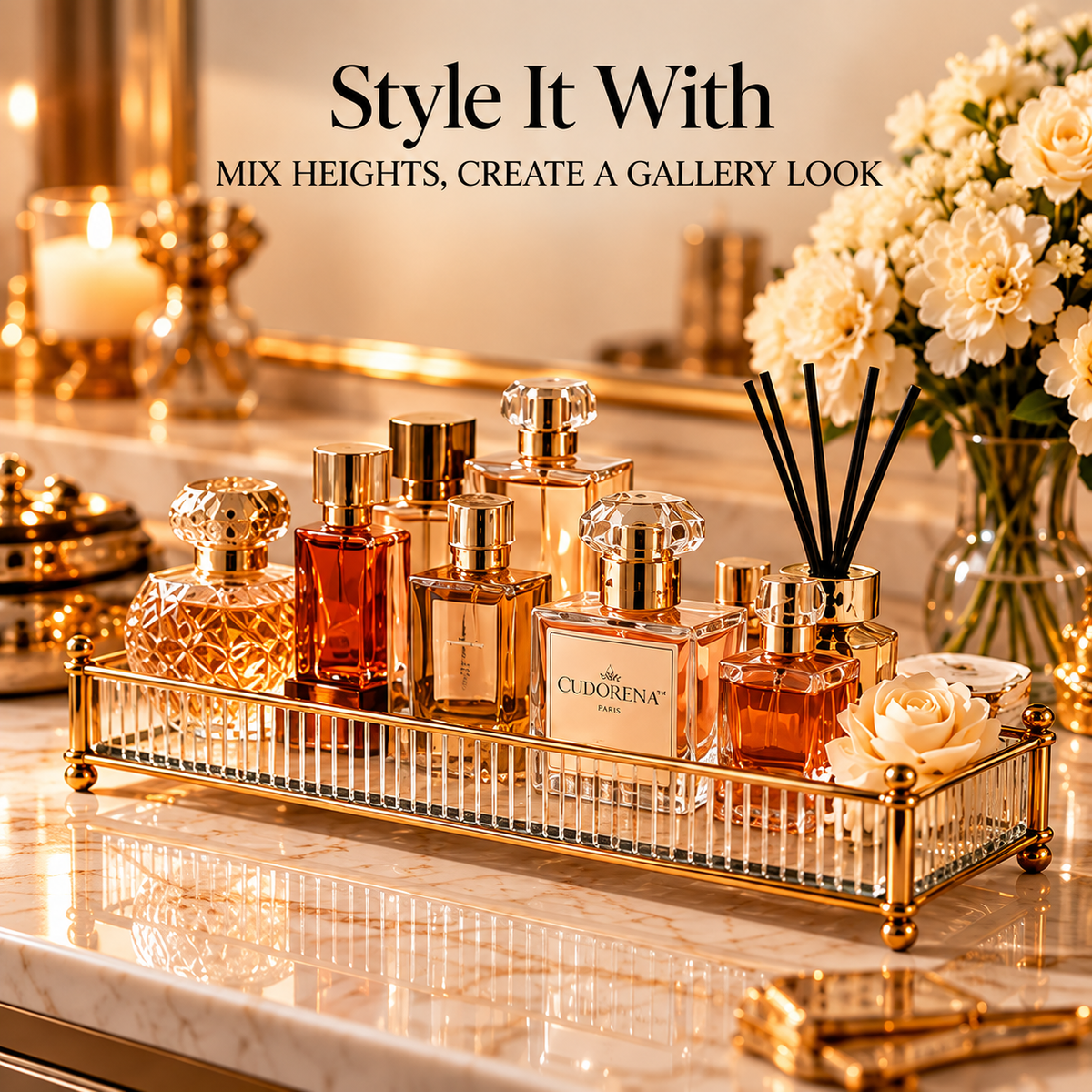 CUDORENA™ Colette Glass Perfume Gallery – Ribbed Glass Perfume Display Tray with Metal Frame for Dresser & Vanity