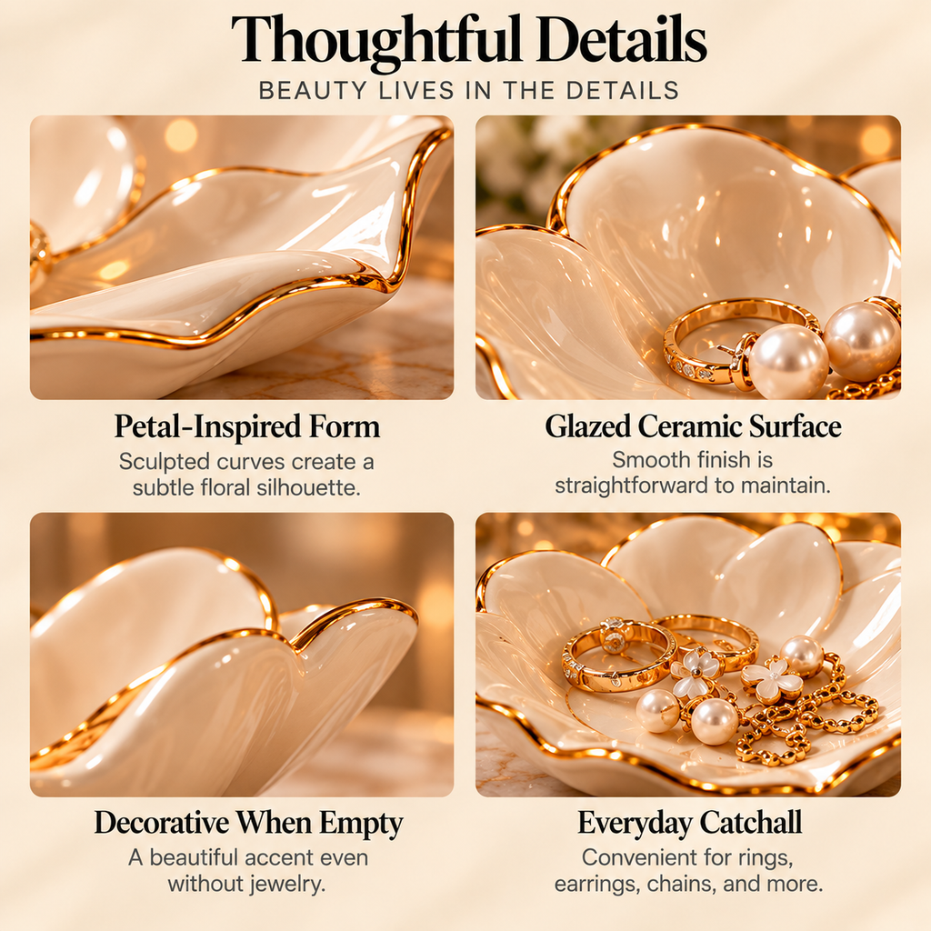 CUDORENA™ Fleur Petal Trinket Dish – Ceramic Ring Dish, Earring Holder & Small Jewelry Catchall for Vanity or Nightstand