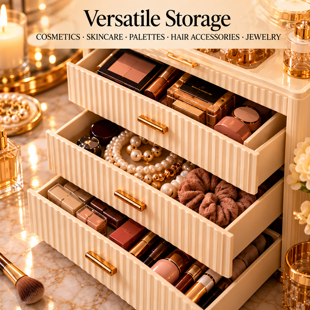 CUDORENA™ Madeleine Vanity Drawer Organizer – 3-Drawer Cosmetic, Skincare & Jewelry Storage Cabinet for Dresser Countertop