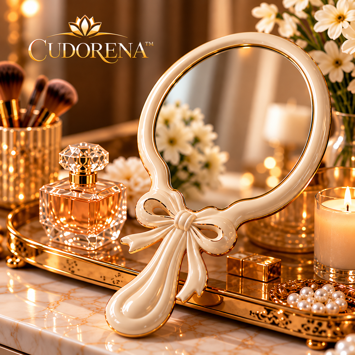 CUDORENA™ Camille Ribbon Hand Mirror – Bow-Detail Handheld Vanity Mirror for Dressing Table, Hair Styling & Beauty Routine