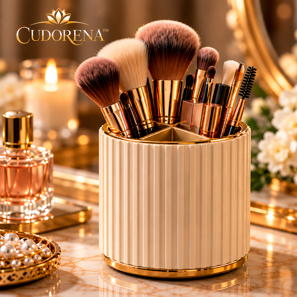 CUDORENA™ Celeste Fluted Makeup Brush Cup – Divided Makeup Brush Holder & Beauty Tool Organizer for Vanity Countertop