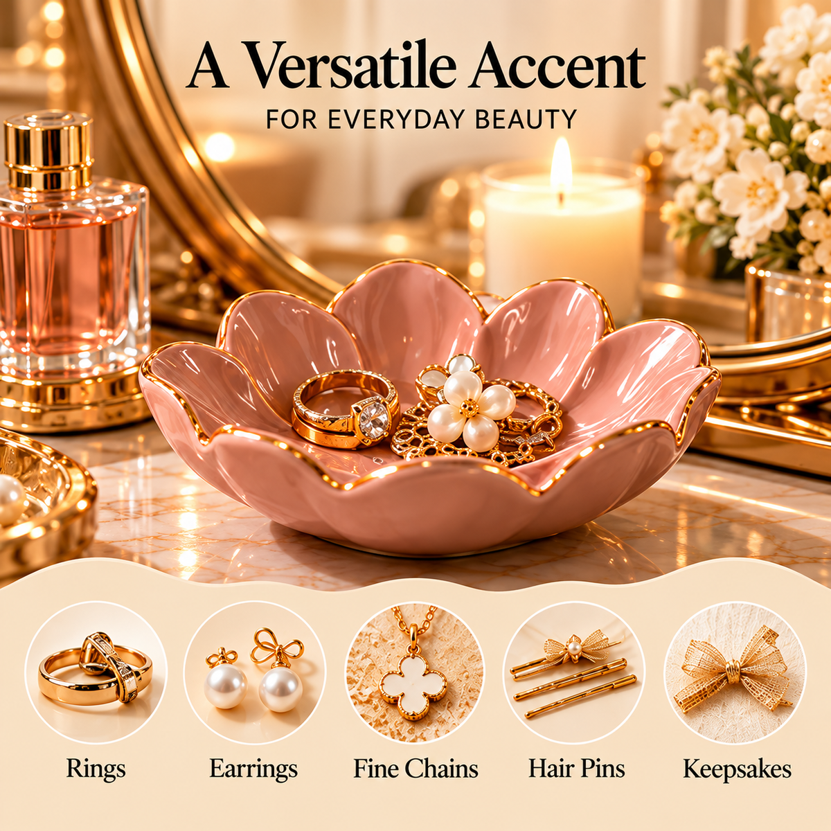 CUDORENA™ Fleur Petal Trinket Dish – Ceramic Ring Dish, Earring Holder & Small Jewelry Catchall for Vanity or Nightstand