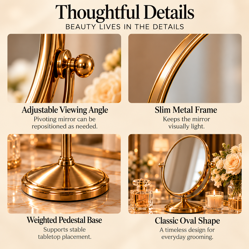 CUDORENA™ Amélie Oval Tabletop Vanity Mirror – Adjustable Dressing Mirror with Metal Stand for Makeup, Jewelry & Bedroom Vanity