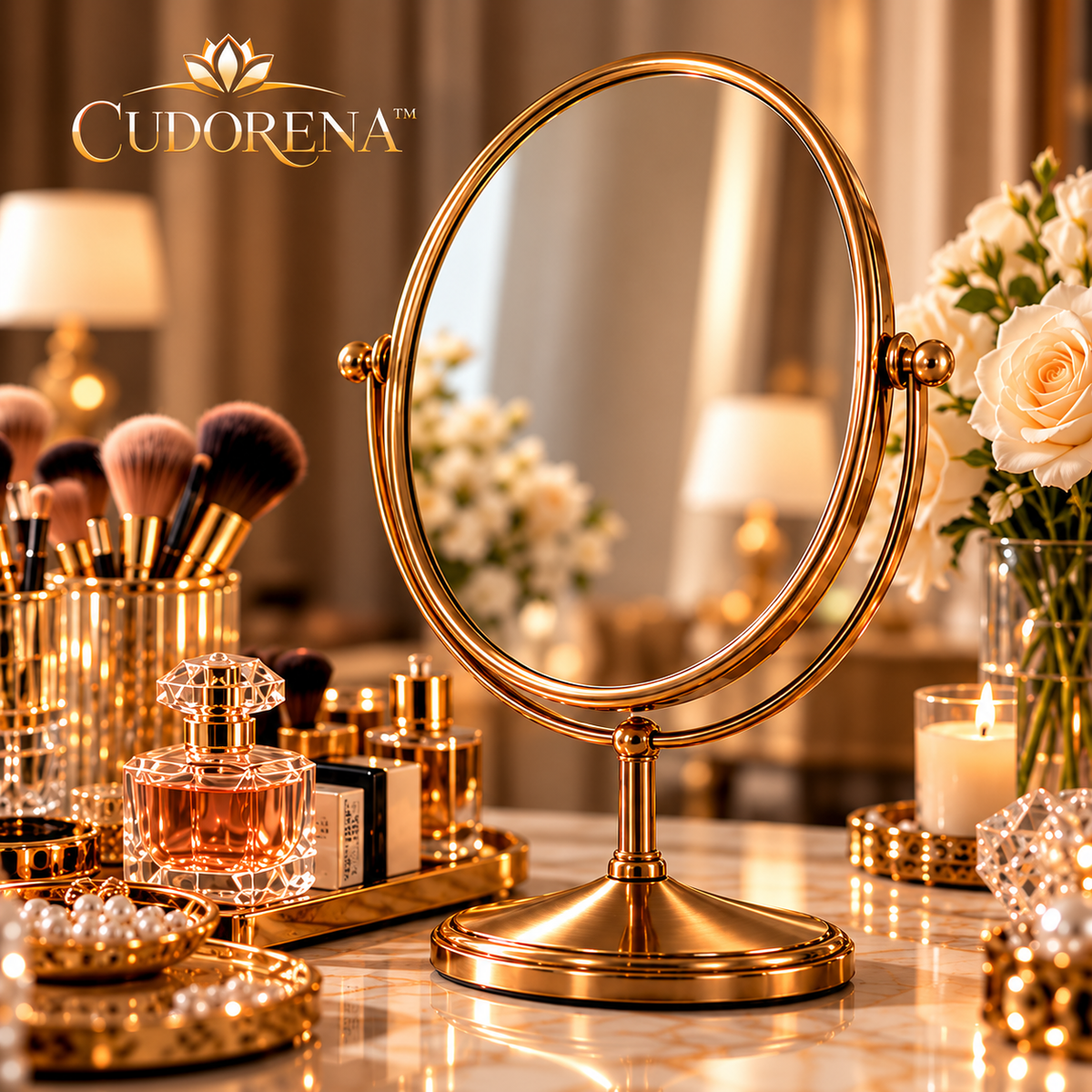 CUDORENA™ Amélie Oval Tabletop Vanity Mirror – Adjustable Dressing Mirror with Metal Stand for Makeup, Jewelry & Bedroom Vanity