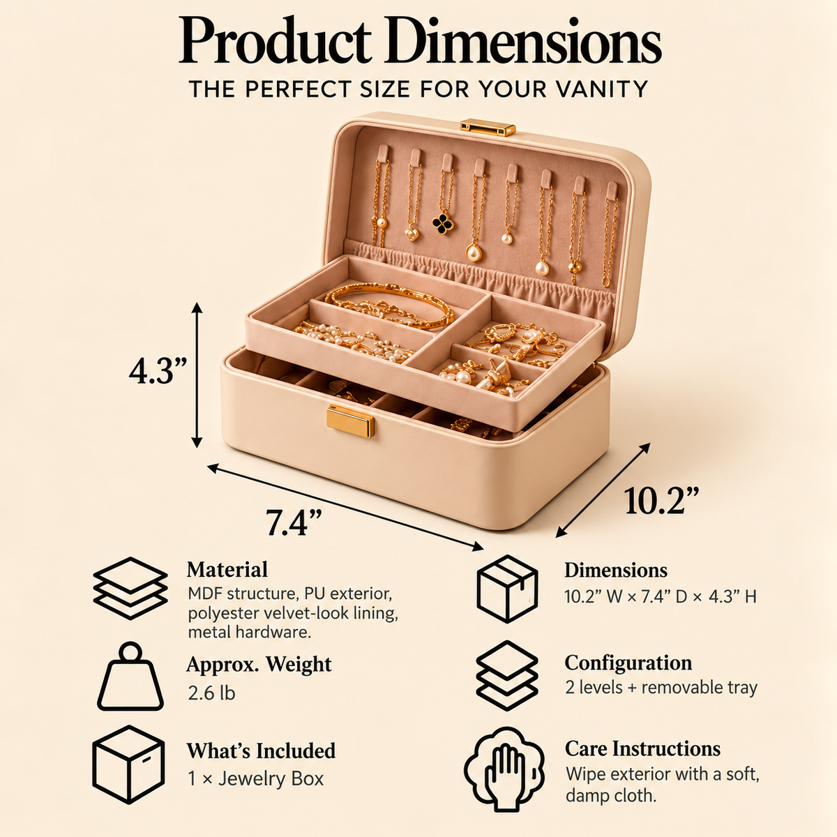 CUDORENA™ Noémie Two-Tier Jewelry Box – Velvet-Lined Jewelry Organizer with Removable Tray, Ring Slots & Necklace Storage