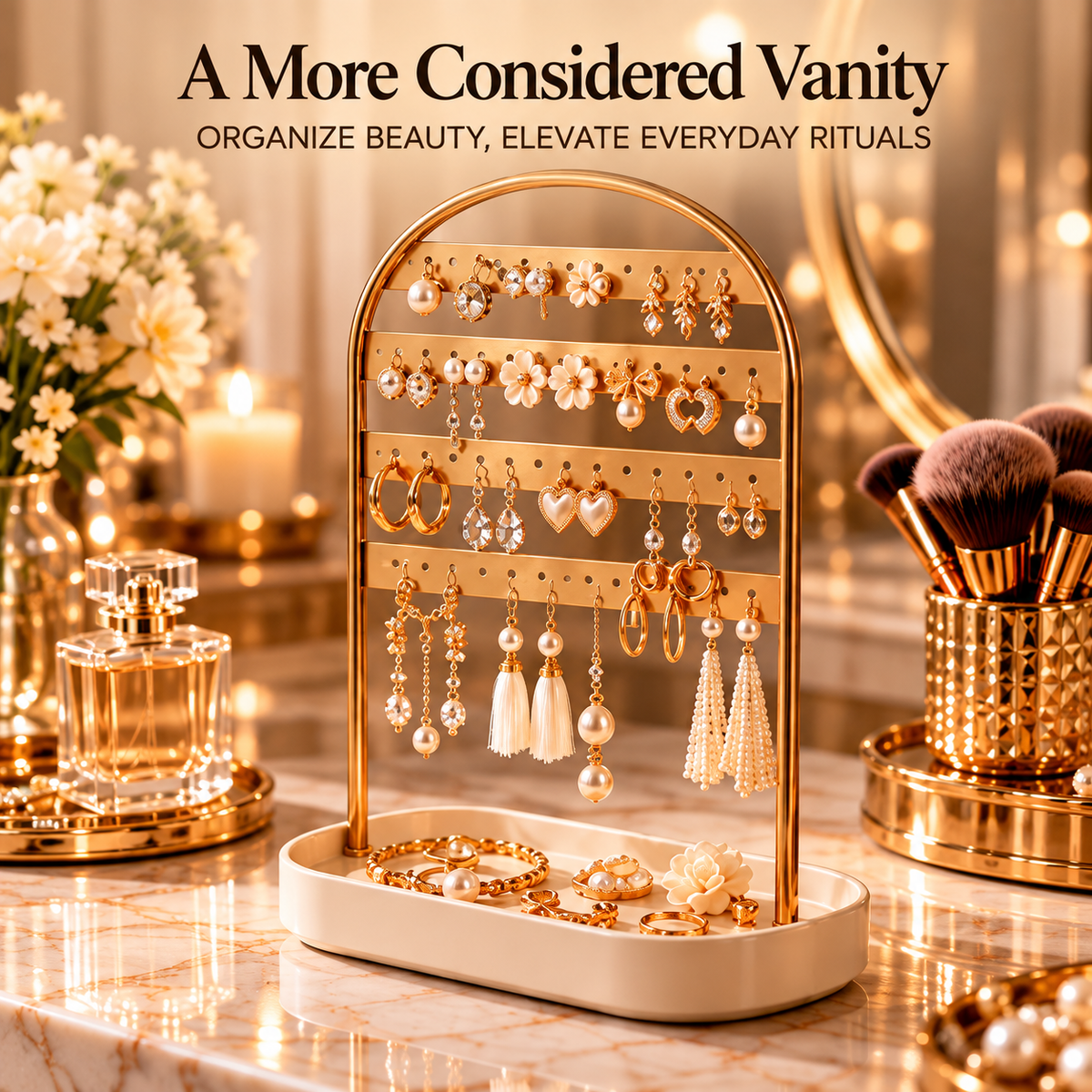 CUDORENA™ Odette Earring Gallery – Arched Earring Organizer with Jewelry Tray for Studs, Hoops & Drop Earrings