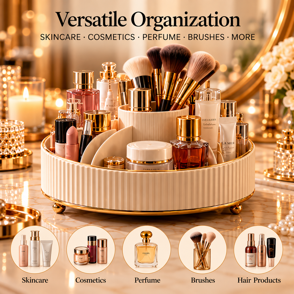 CUDORENA™ Solène Rotating Vanity Carousel – 360° Makeup, Skincare & Perfume Organizer with Divided Countertop Storage