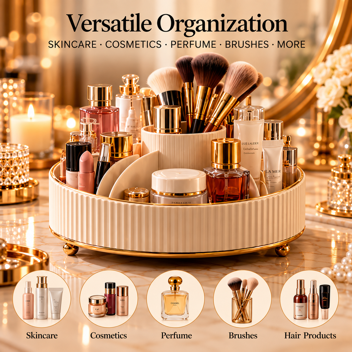CUDORENA™ Solène Rotating Vanity Carousel – 360° Makeup, Skincare & Perfume Organizer with Divided Countertop Storage