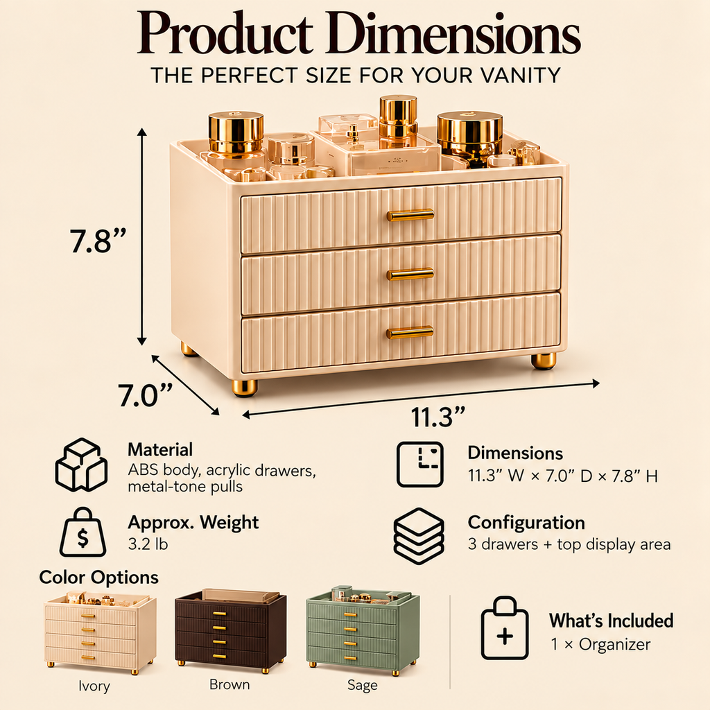 CUDORENA™ Madeleine Vanity Drawer Organizer – 3-Drawer Cosmetic, Skincare & Jewelry Storage Cabinet for Dresser Countertop