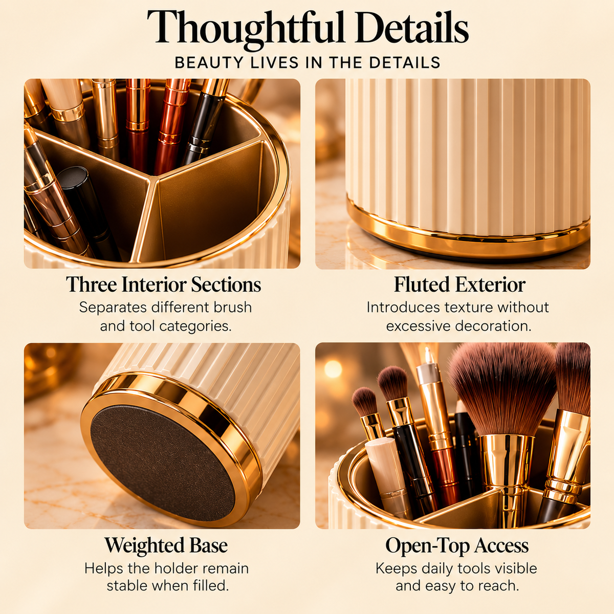 CUDORENA™ Celeste Fluted Makeup Brush Cup – Divided Makeup Brush Holder & Beauty Tool Organizer for Vanity Countertop