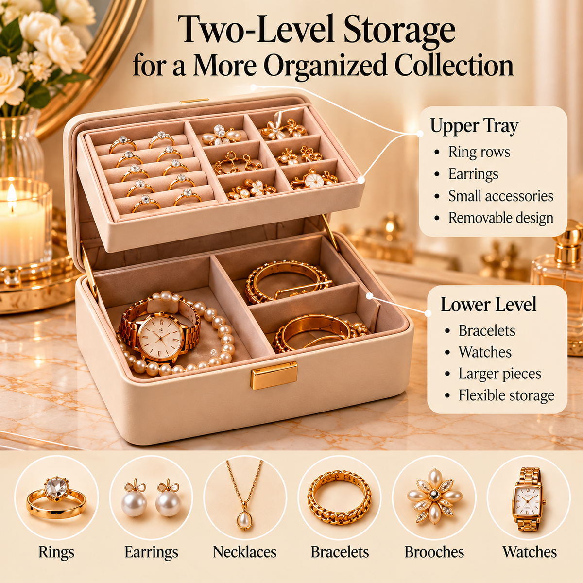 CUDORENA™ Noémie Two-Tier Jewelry Box – Velvet-Lined Jewelry Organizer with Removable Tray, Ring Slots & Necklace Storage