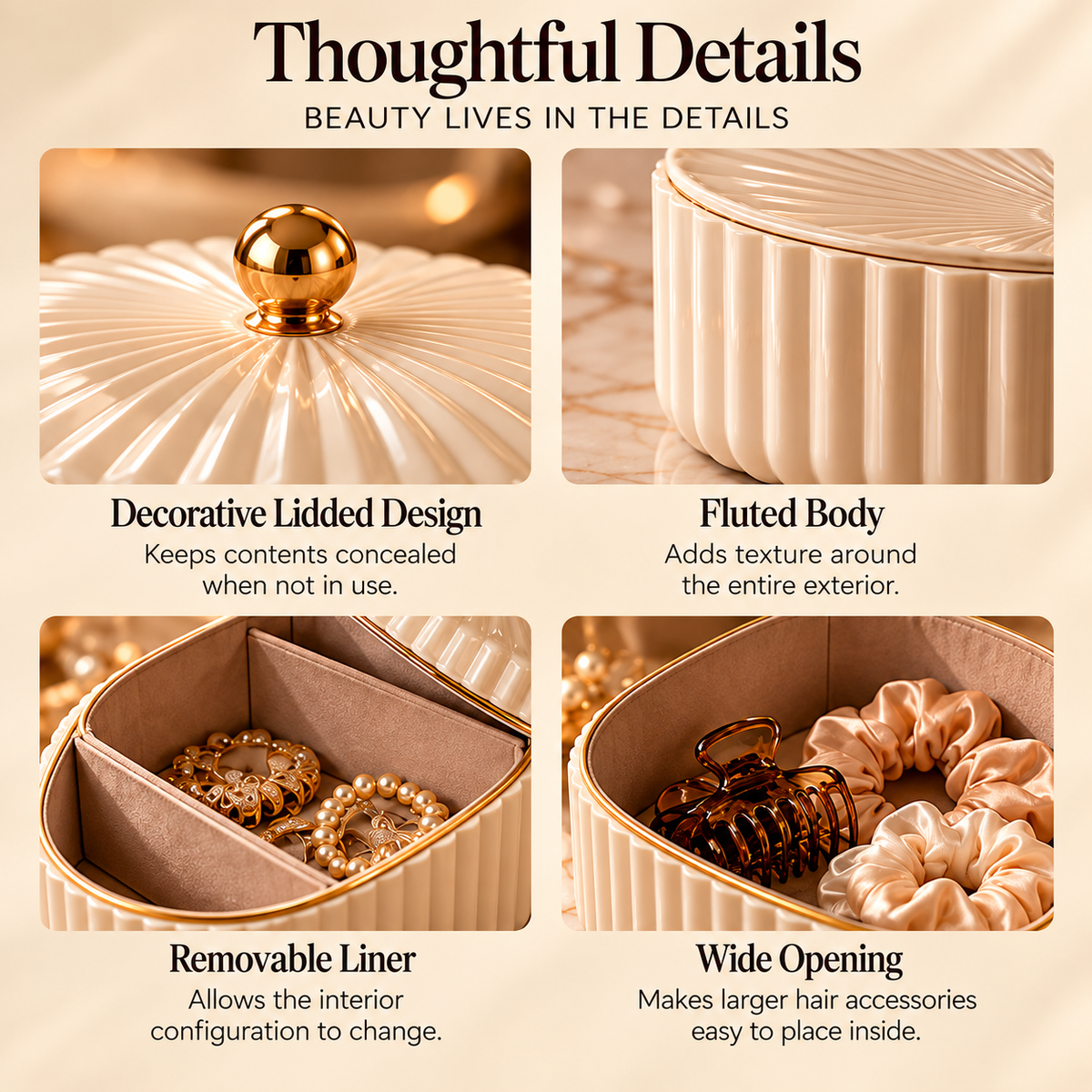 CUDORENA™ Rosalie Lidded Vanity Box – Decorative Fluted Storage Box for Jewelry, Hair Accessories & Beauty Essentials