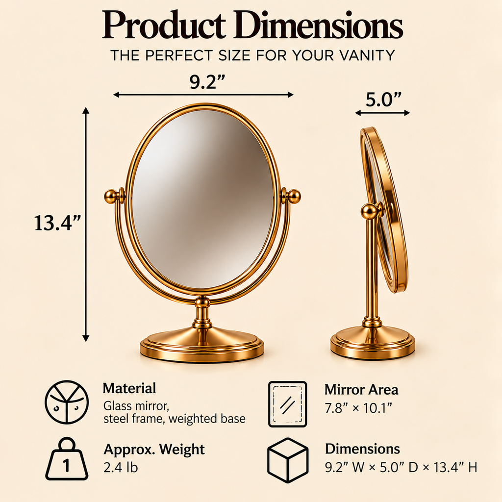 CUDORENA™ Amélie Oval Tabletop Vanity Mirror – Adjustable Dressing Mirror with Metal Stand for Makeup, Jewelry & Bedroom Vanity