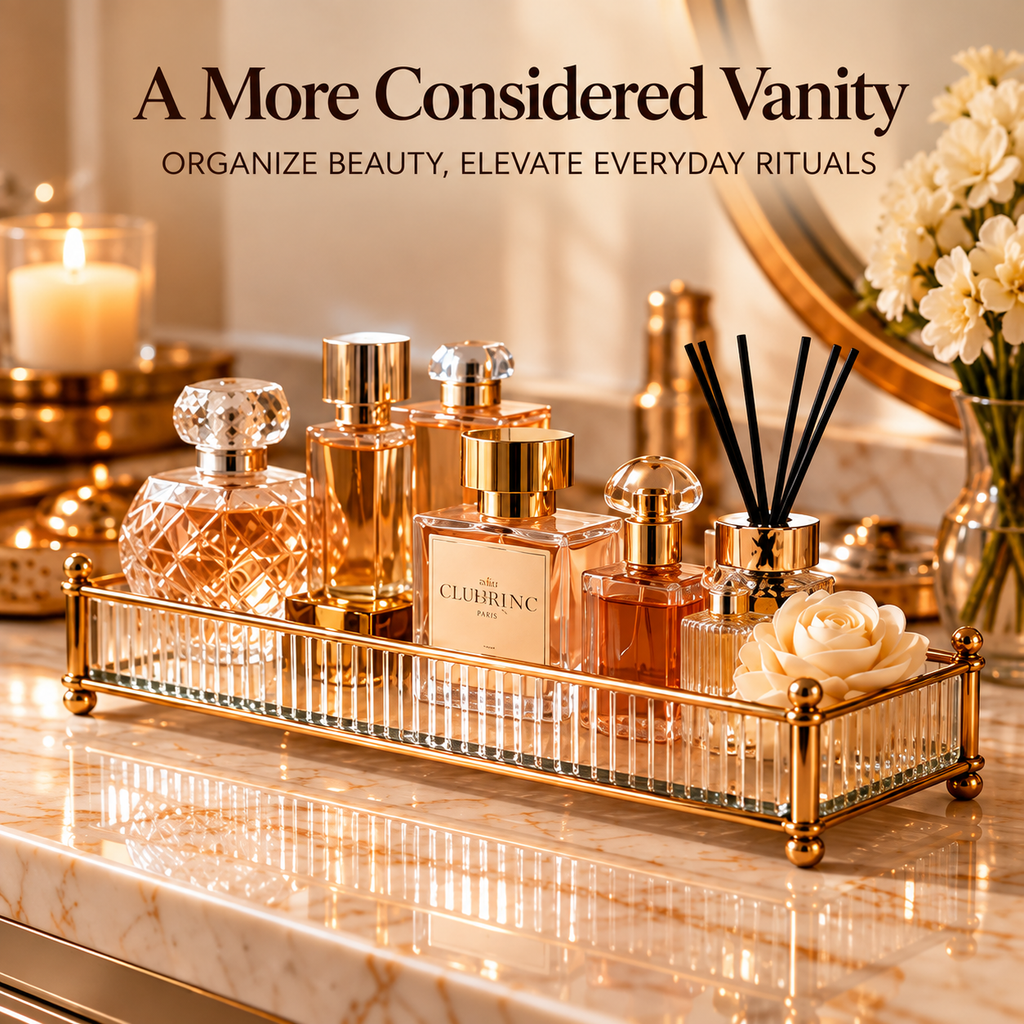 CUDORENA™ Colette Glass Perfume Gallery – Ribbed Glass Perfume Display Tray with Metal Frame for Dresser & Vanity