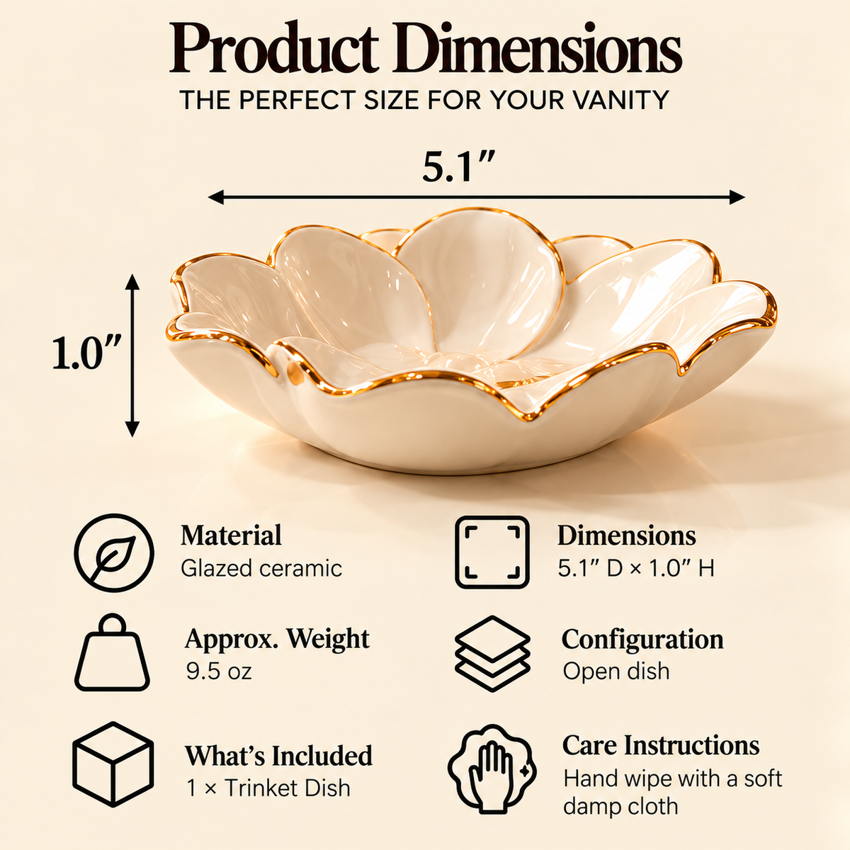 CUDORENA™ Fleur Petal Trinket Dish – Ceramic Ring Dish, Earring Holder & Small Jewelry Catchall for Vanity or Nightstand