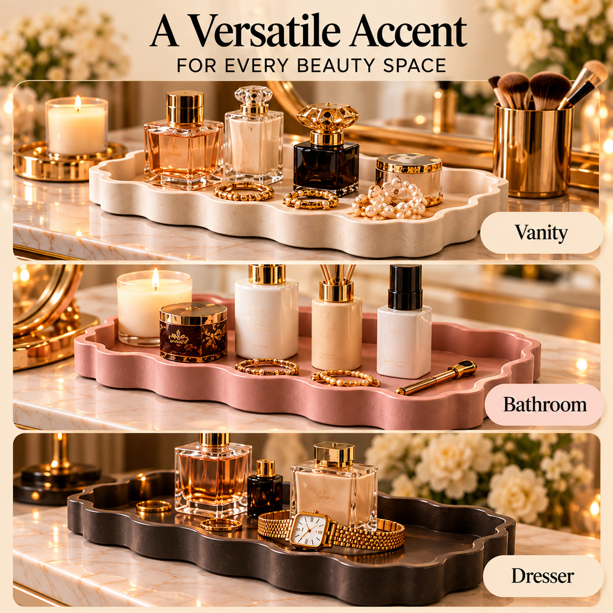 CUDORENA™ Élan Scalloped Vanity Tray – Perfume & Jewelry Organizer Tray for Dresser, Bedroom Vanity & Beauty Counter