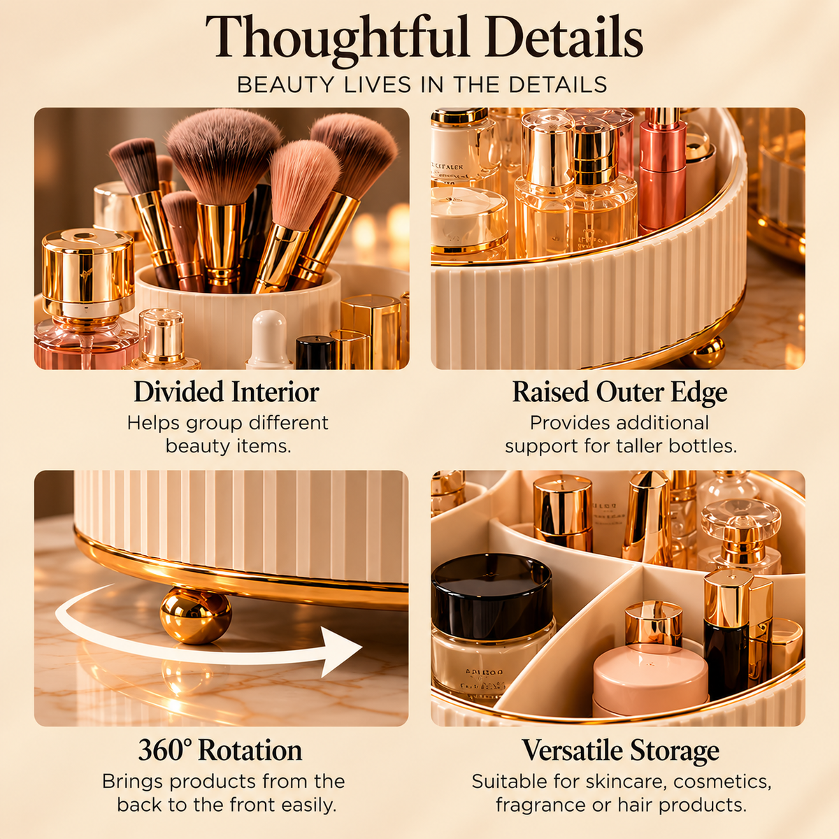 CUDORENA™ Solène Rotating Vanity Carousel – 360° Makeup, Skincare & Perfume Organizer with Divided Countertop Storage