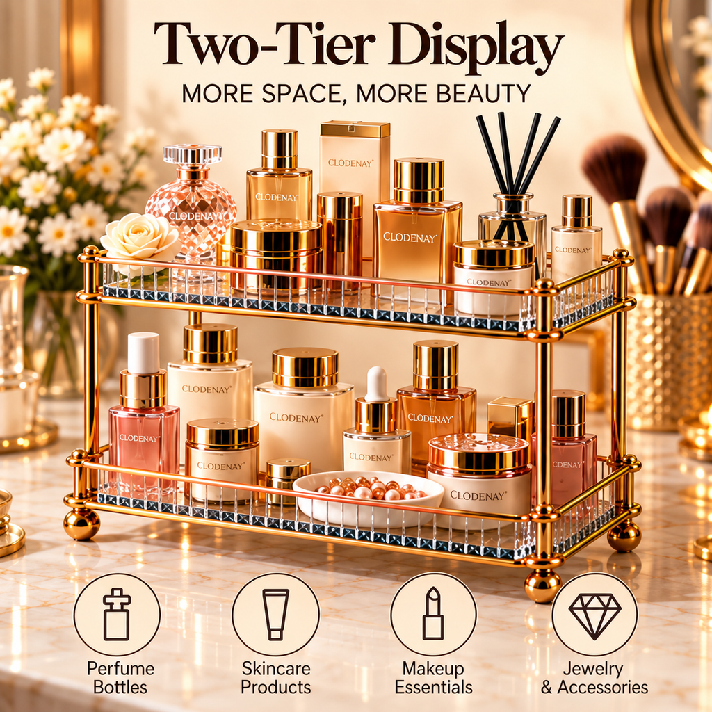 CUDORENA™ Star-shaped Double-Layer Dressing Table - A fragrance, skincare and jewelry storage rack with glass shelves, suitable for a dressing table