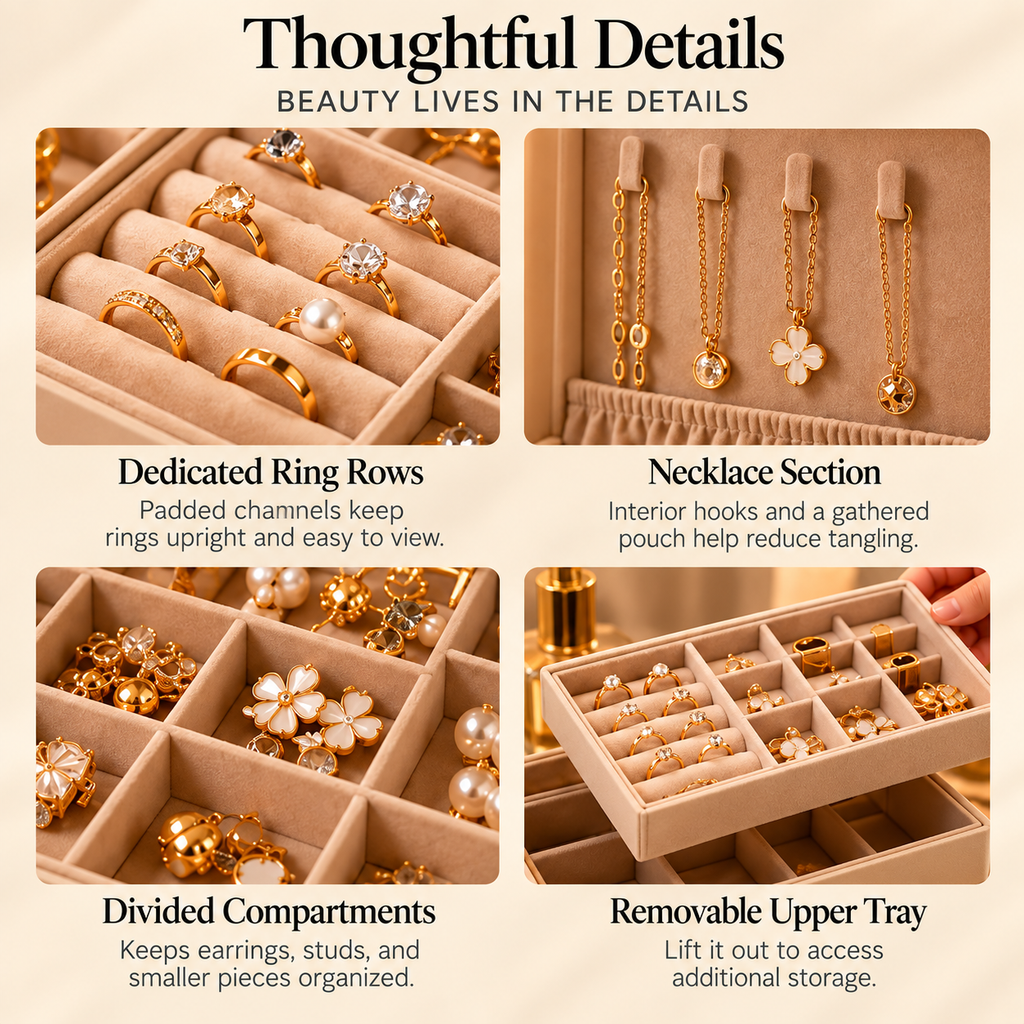 CUDORENA™ Noémie Two-Tier Jewelry Box – Velvet-Lined Jewelry Organizer with Removable Tray, Ring Slots & Necklace Storage