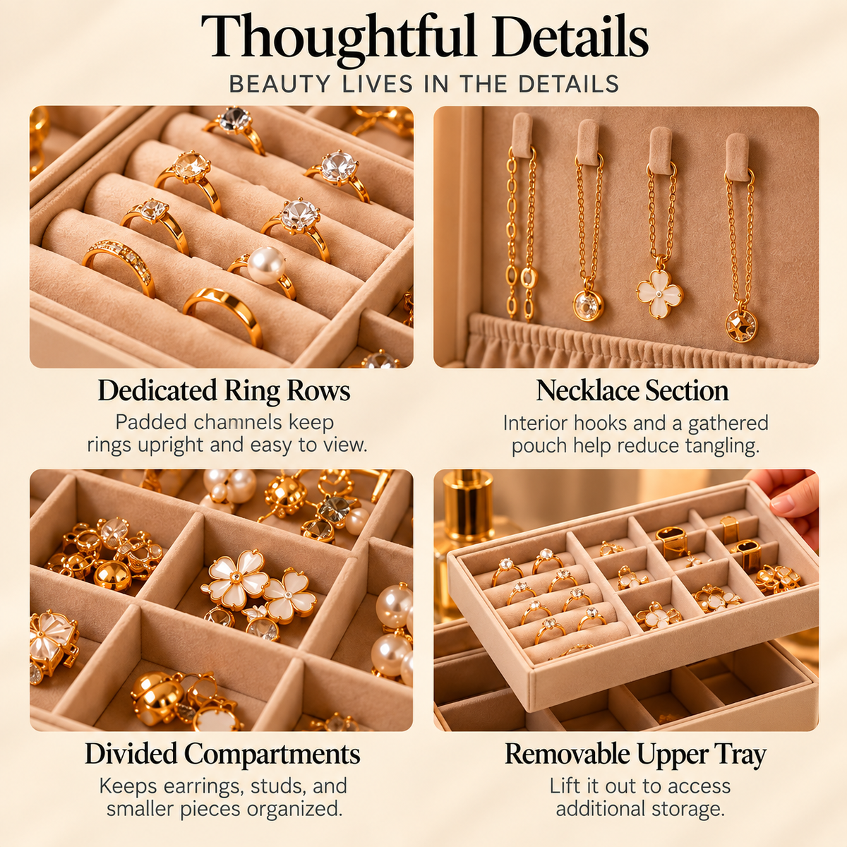 CUDORENA™ Noémie Two-Tier Jewelry Box – Velvet-Lined Jewelry Organizer with Removable Tray, Ring Slots & Necklace Storage