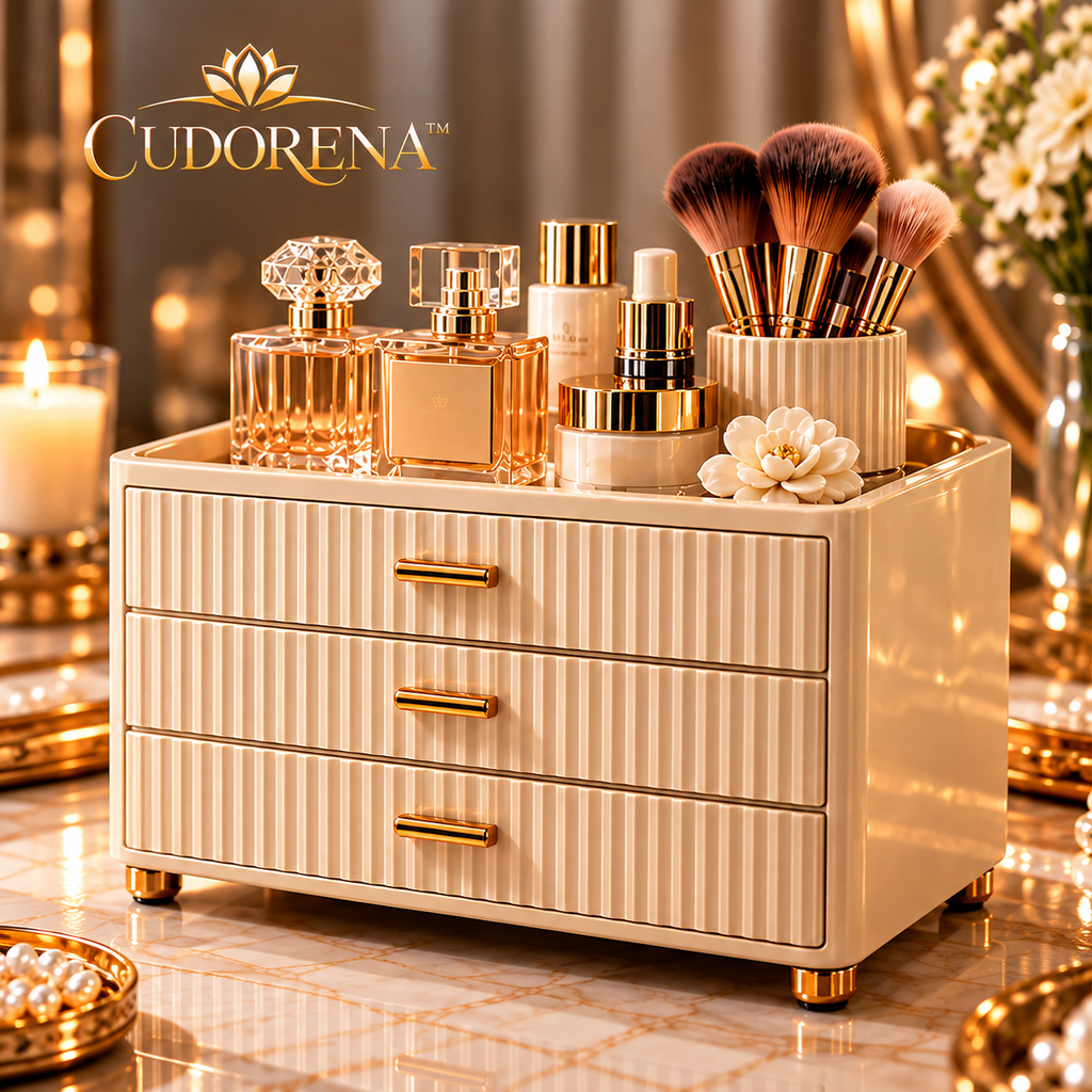 CUDORENA™ Madeleine Vanity Drawer Organizer – 3-Drawer Cosmetic, Skincare & Jewelry Storage Cabinet for Dresser Countertop