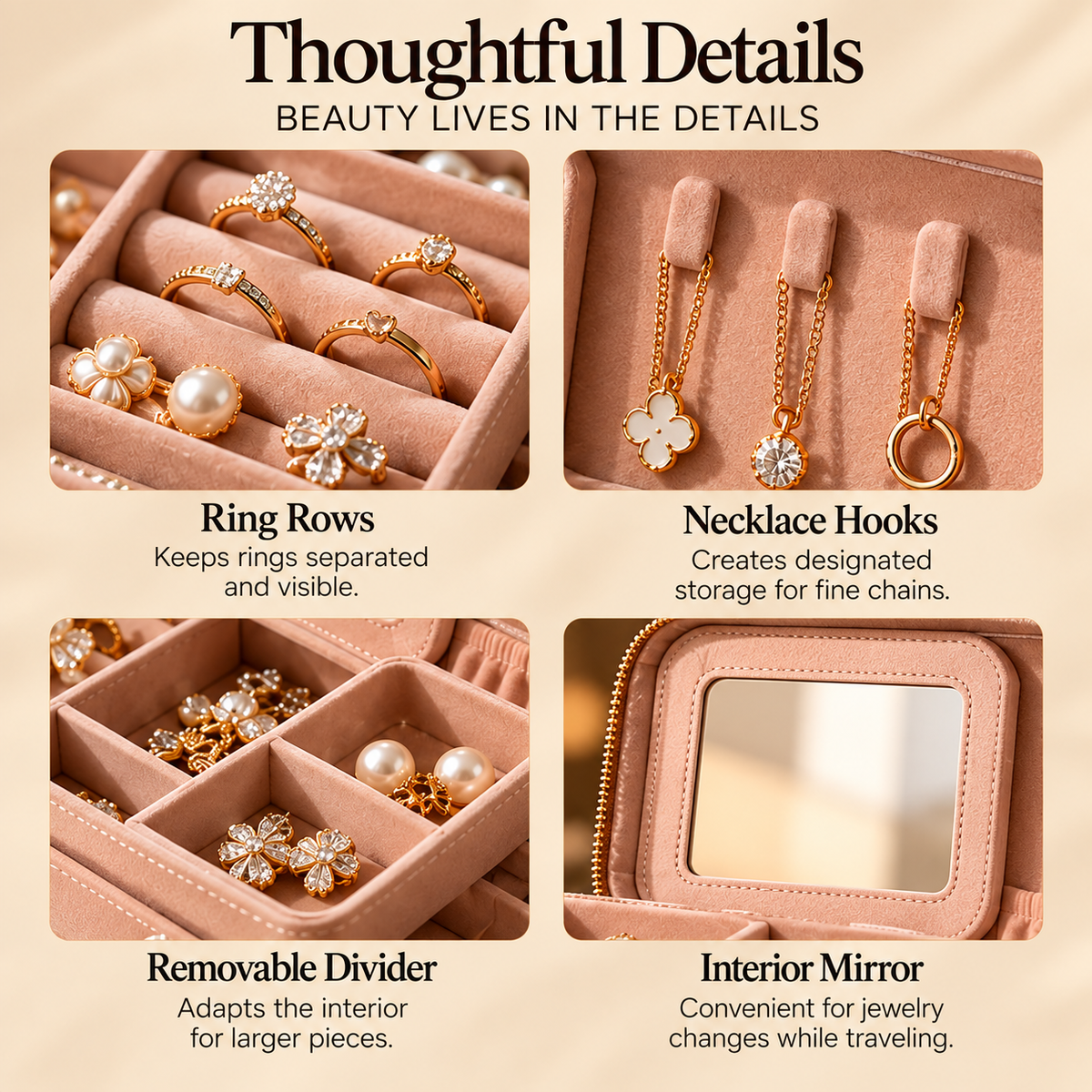 CUDORENA™ Margot Travel Jewelry Case – Compact Two-Level Jewelry Organizer with Mirror, Ring Slots & Necklace Hooks