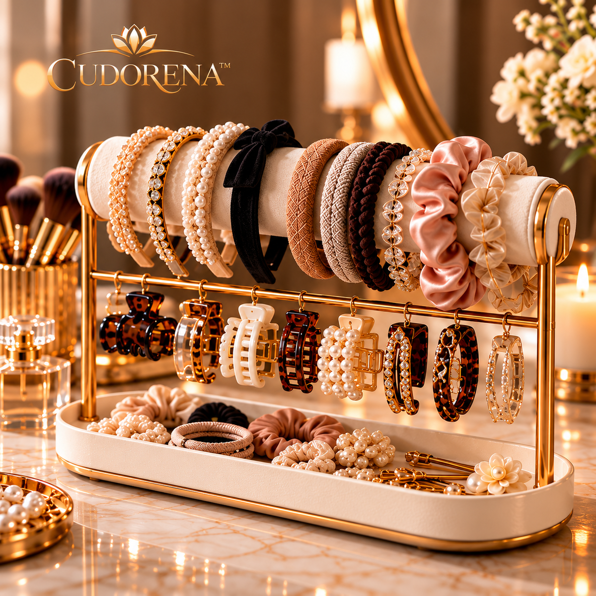 CUDORENA™ Vivienne Hair Accessory Display Stand – Hair Clip, Headband & Scrunchie Organizer for Women's Vanity