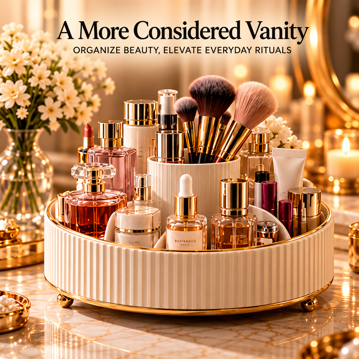 CUDORENA™ Solène Rotating Vanity Carousel – 360° Makeup, Skincare & Perfume Organizer with Divided Countertop Storage