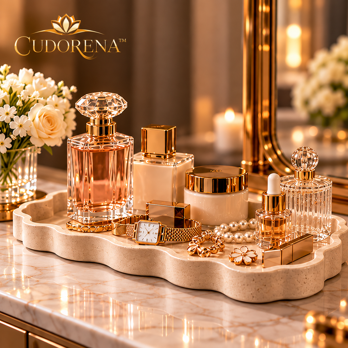 CUDORENA™ Élan Scalloped Vanity Tray – Perfume & Jewelry Organizer Tray for Dresser, Bedroom Vanity & Beauty Counter