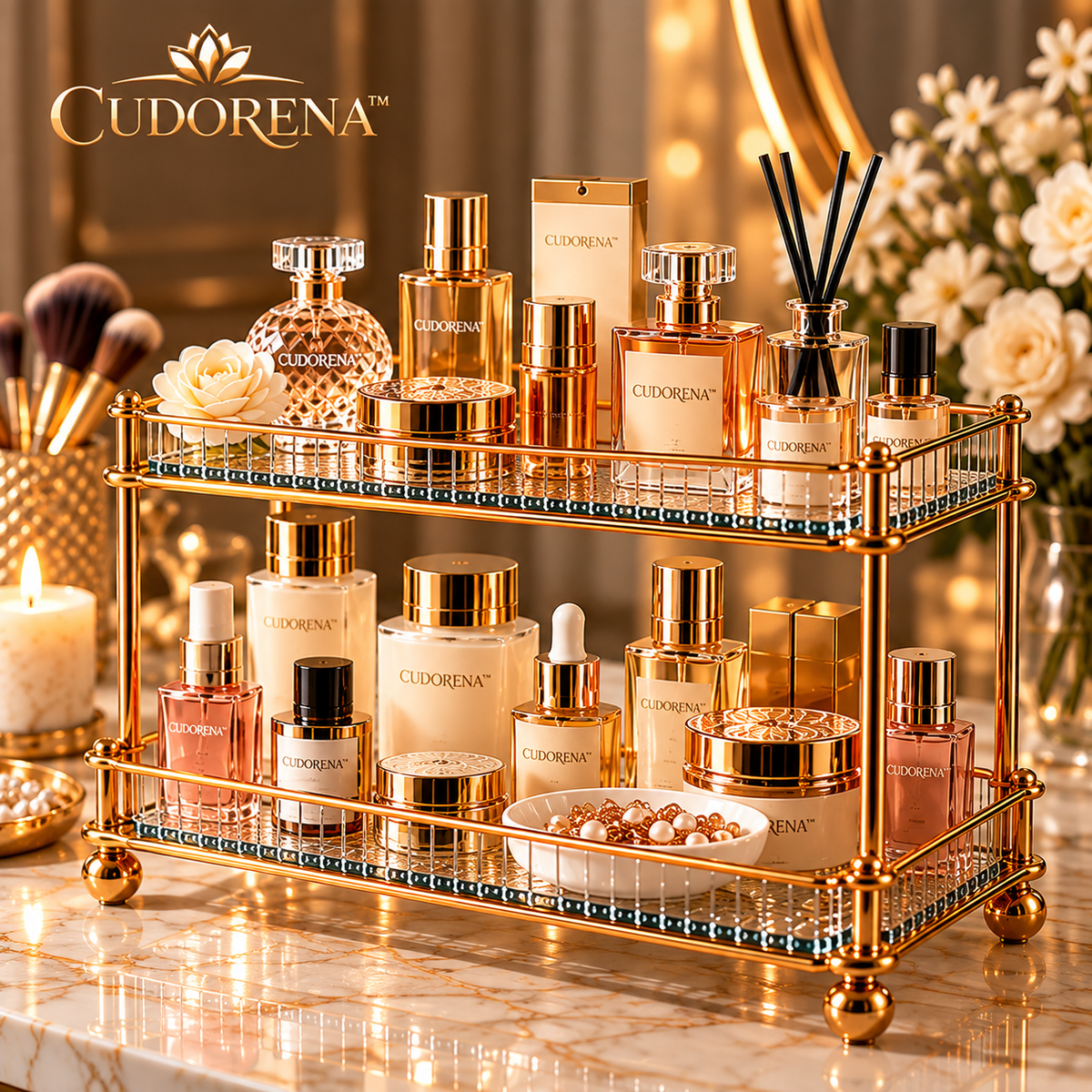 CUDORENA™ Star-shaped Double-Layer Dressing Table - A fragrance, skincare and jewelry storage rack with glass shelves, suitable for a dressing table