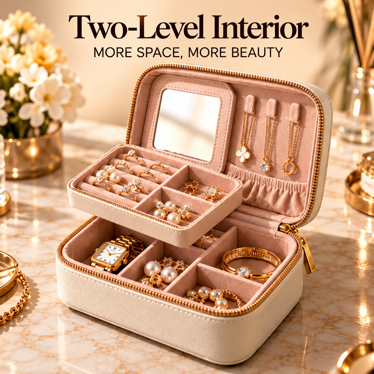 CUDORENA™ Margot Travel Jewelry Case – Compact Two-Level Jewelry Organizer with Mirror, Ring Slots & Necklace Hooks