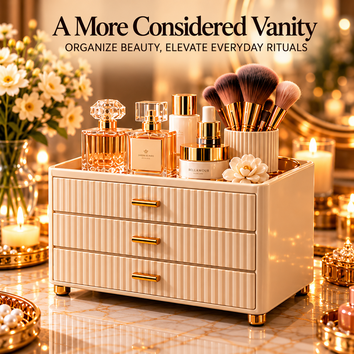 CUDORENA™ Madeleine Vanity Drawer Organizer – 3-Drawer Cosmetic, Skincare & Jewelry Storage Cabinet for Dresser Countertop