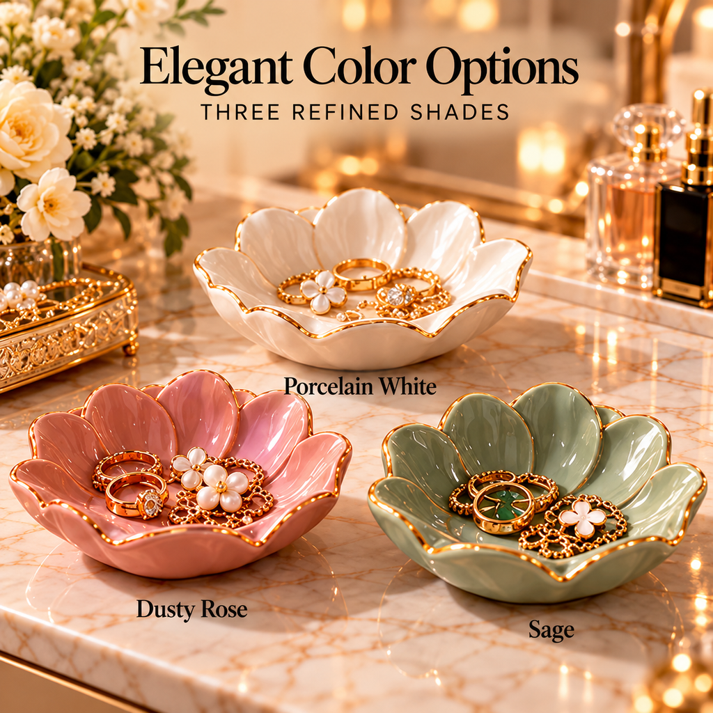CUDORENA™ Fleur Petal Trinket Dish – Ceramic Ring Dish, Earring Holder & Small Jewelry Catchall for Vanity or Nightstand