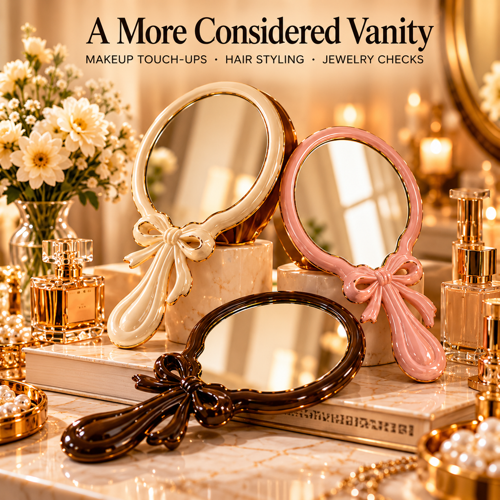 CUDORENA™ Camille Ribbon Hand Mirror – Bow-Detail Handheld Vanity Mirror for Dressing Table, Hair Styling & Beauty Routine