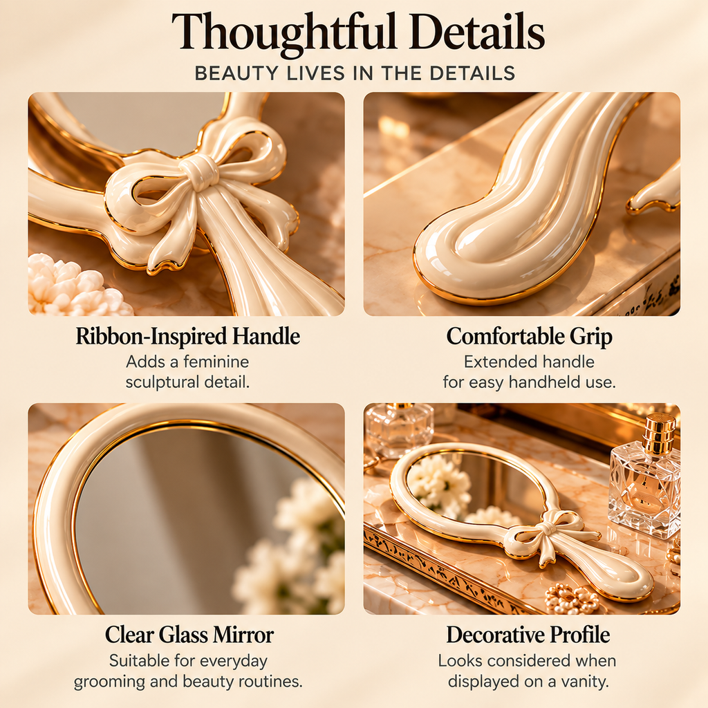 CUDORENA™ Camille Ribbon Hand Mirror – Bow-Detail Handheld Vanity Mirror for Dressing Table, Hair Styling & Beauty Routine