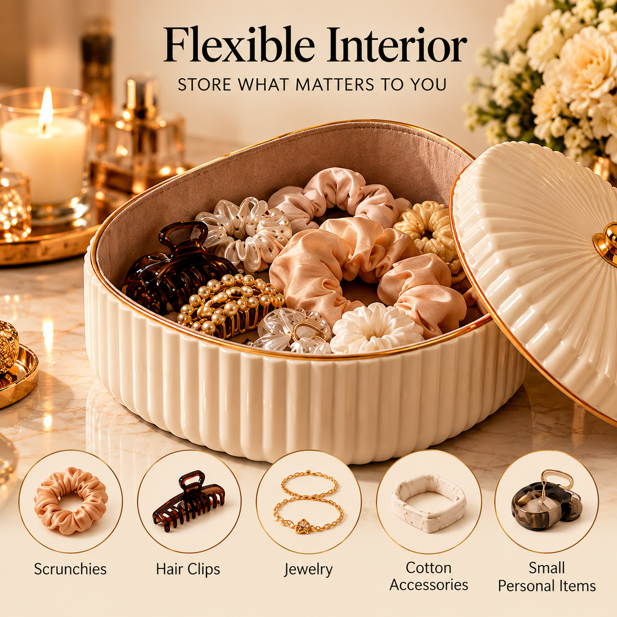 CUDORENA™ Rosalie Lidded Vanity Box – Decorative Fluted Storage Box for Jewelry, Hair Accessories & Beauty Essentials