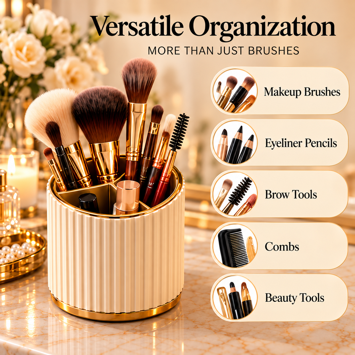CUDORENA™ Celeste Fluted Makeup Brush Cup – Divided Makeup Brush Holder & Beauty Tool Organizer for Vanity Countertop