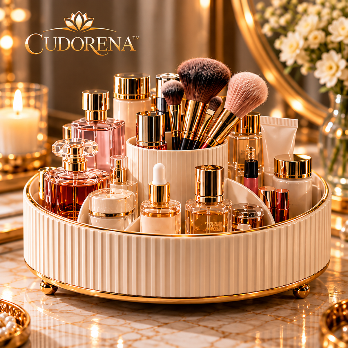 CUDORENA™ Solène Rotating Vanity Carousel – 360° Makeup, Skincare & Perfume Organizer with Divided Countertop Storage