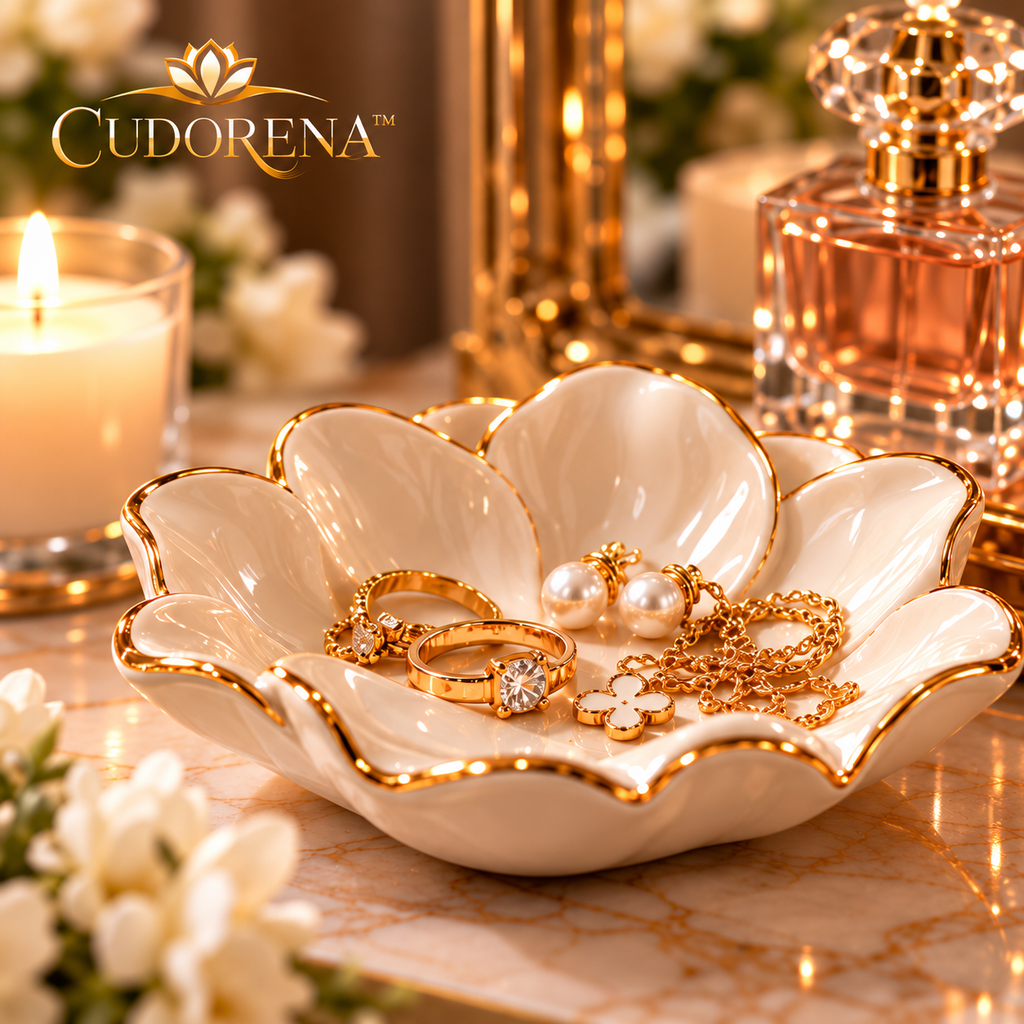 CUDORENA™ Fleur Petal Trinket Dish – Ceramic Ring Dish, Earring Holder & Small Jewelry Catchall for Vanity or Nightstand