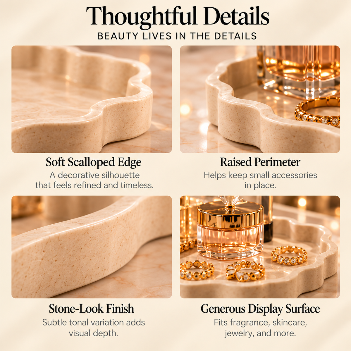 CUDORENA™ Élan Scalloped Vanity Tray – Perfume & Jewelry Organizer Tray for Dresser, Bedroom Vanity & Beauty Counter