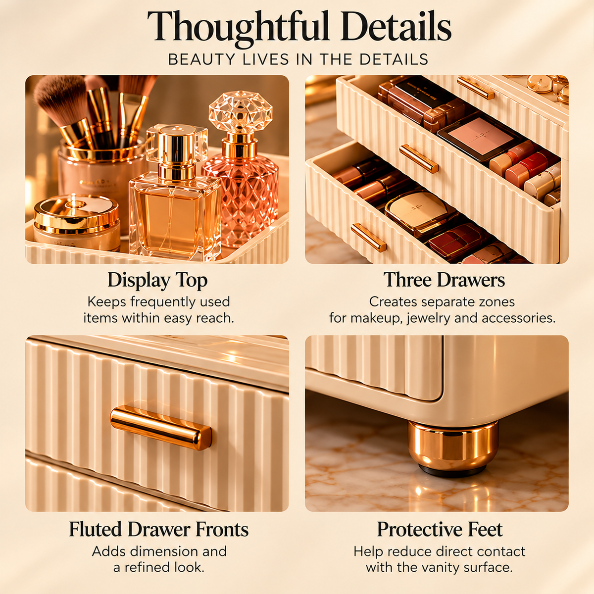 CUDORENA™ Madeleine Vanity Drawer Organizer – 3-Drawer Cosmetic, Skincare & Jewelry Storage Cabinet for Dresser Countertop