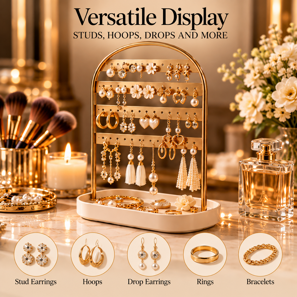 CUDORENA™ Odette Earring Gallery – Arched Earring Organizer with Jewelry Tray for Studs, Hoops & Drop Earrings