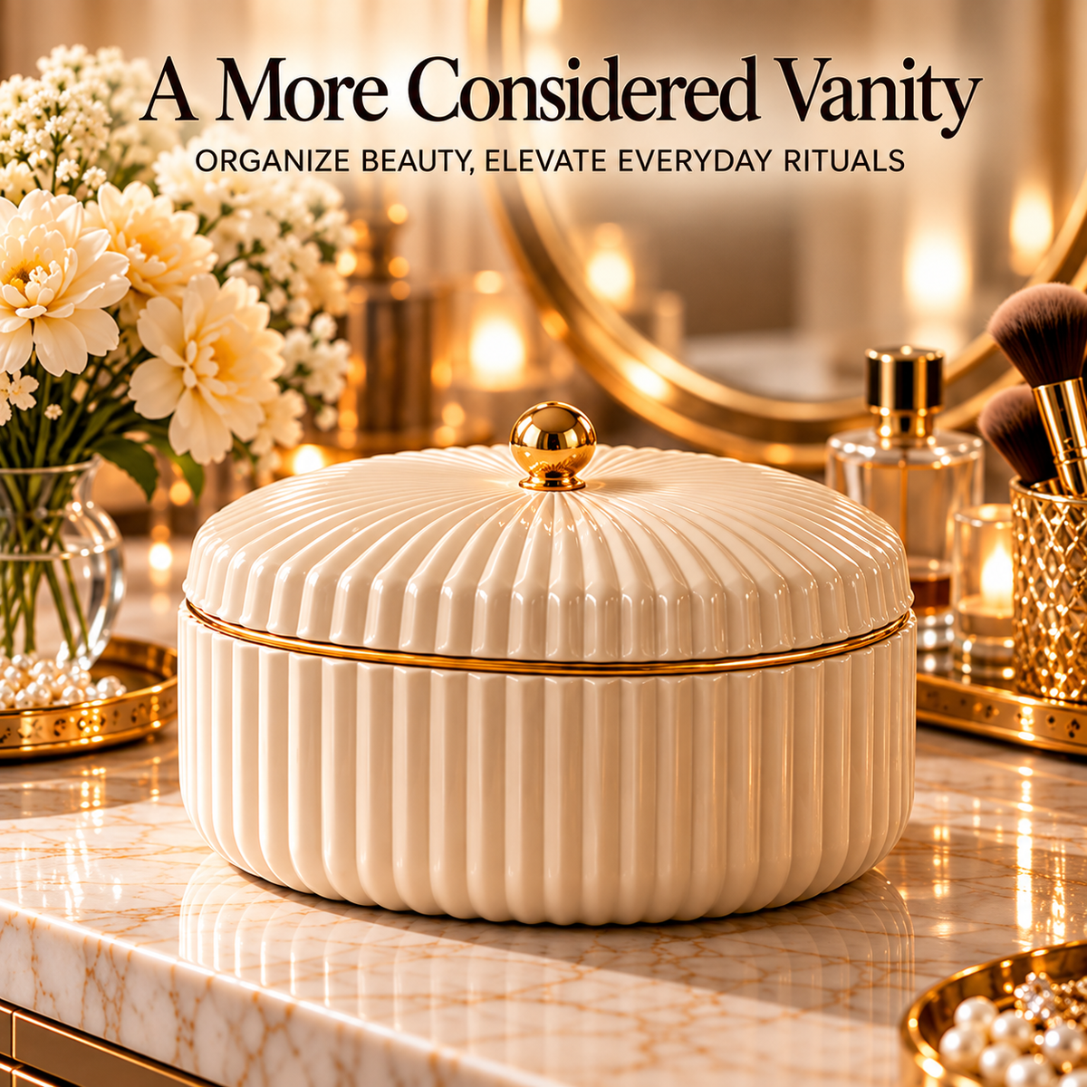 CUDORENA™ Rosalie Lidded Vanity Box – Decorative Fluted Storage Box for Jewelry, Hair Accessories & Beauty Essentials