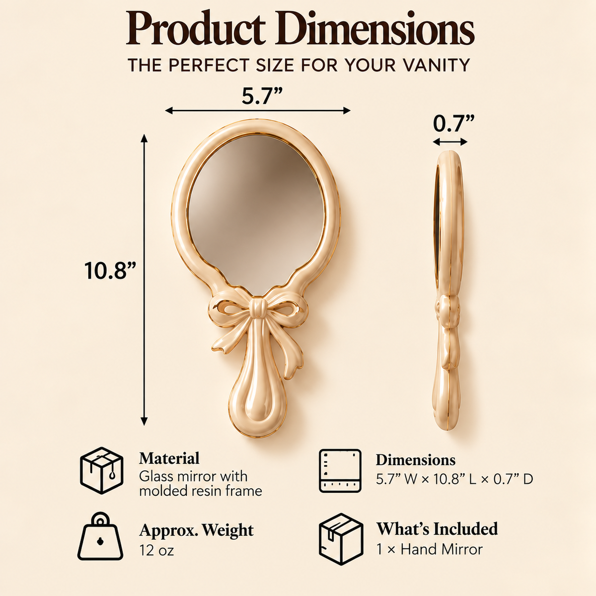 CUDORENA™ Camille Ribbon Hand Mirror – Bow-Detail Handheld Vanity Mirror for Dressing Table, Hair Styling & Beauty Routine