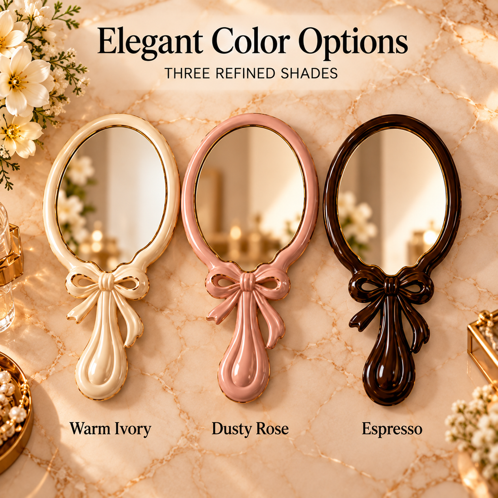 CUDORENA™ Camille Ribbon Hand Mirror – Bow-Detail Handheld Vanity Mirror for Dressing Table, Hair Styling & Beauty Routine