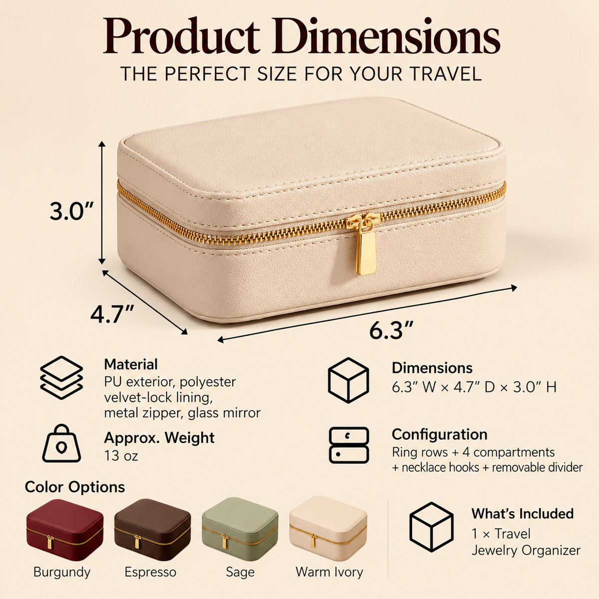 CUDORENA™ Margot Travel Jewelry Case – Compact Two-Level Jewelry Organizer with Mirror, Ring Slots & Necklace Hooks