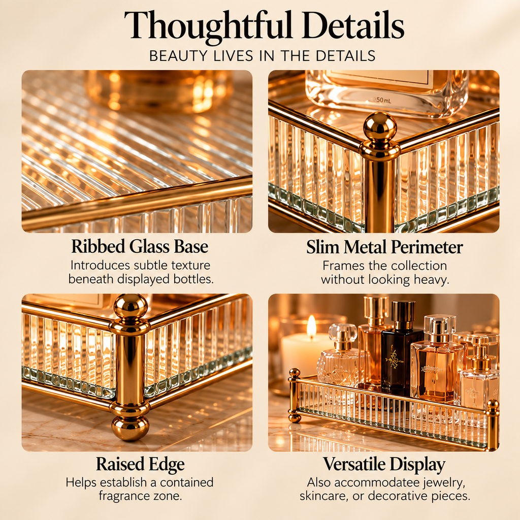 CUDORENA™ Colette Glass Perfume Gallery – Ribbed Glass Perfume Display Tray with Metal Frame for Dresser & Vanity