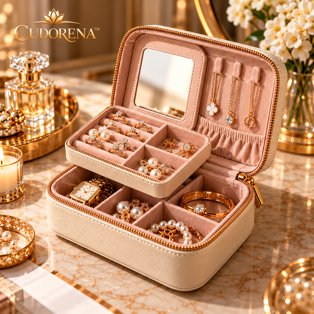 CUDORENA™ Margot Travel Jewelry Case – Compact Two-Level Jewelry Organizer with Mirror, Ring Slots & Necklace Hooks